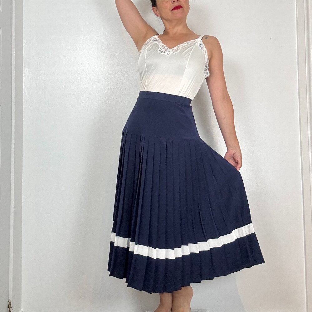 Vintage FRANK OLIVIER Navy Blue Drop Waist Pleated Skirt - Size S - Picture 8 of 10